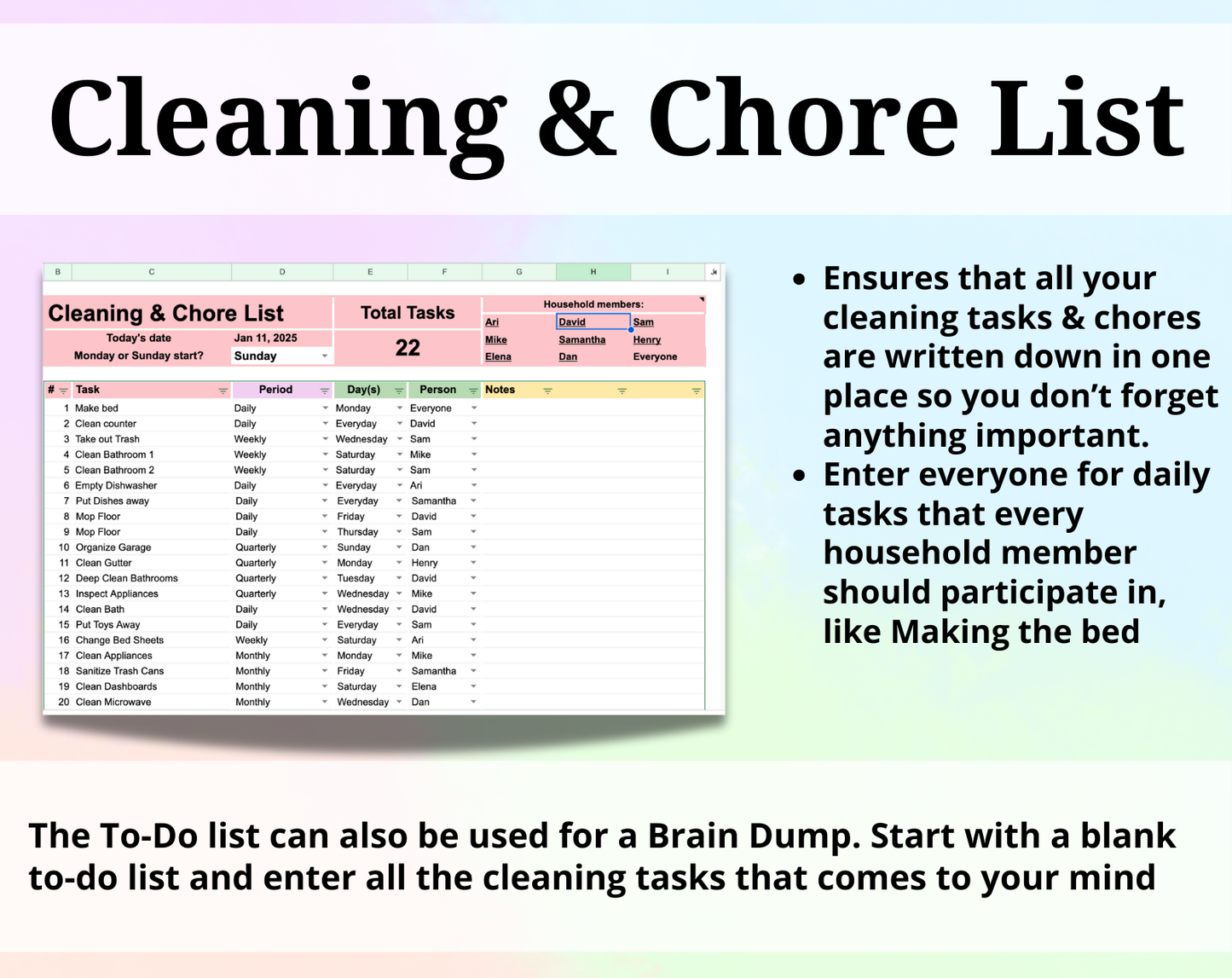 Cleaning & Chore List Google Spreadsheet Template - Brain Wave Focus