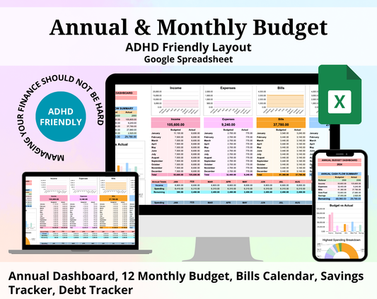 Annual & Monthly Budget Google Spreadsheet Template - Brain Wave Focus