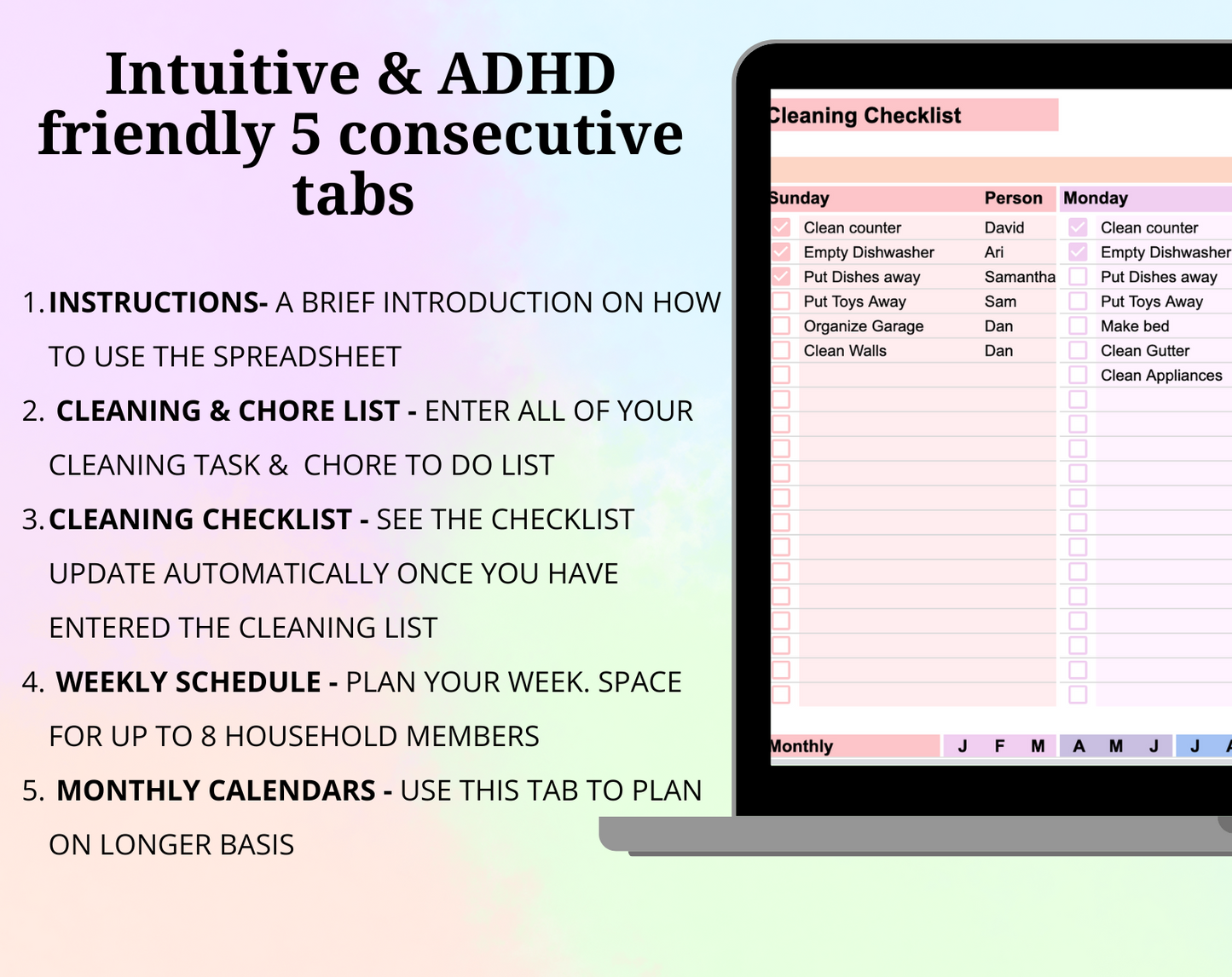 Cleaning & Chore List Google Spreadsheet Template - Brain Wave Focus