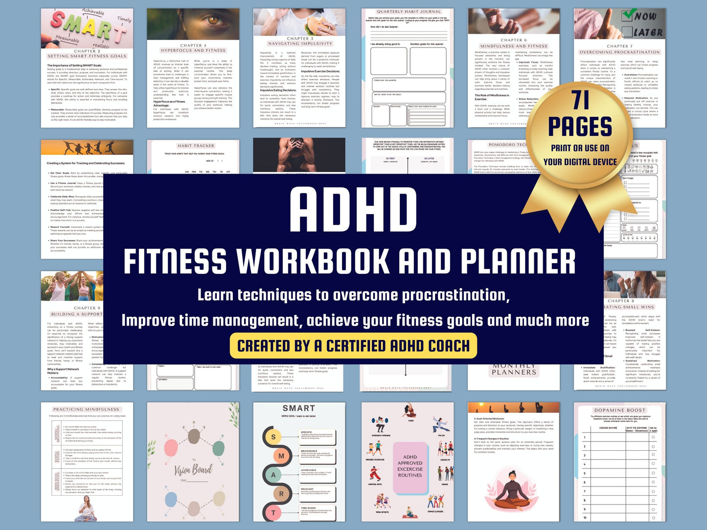 ADHD Digital Fitness Planner Workbook - 71 Pages